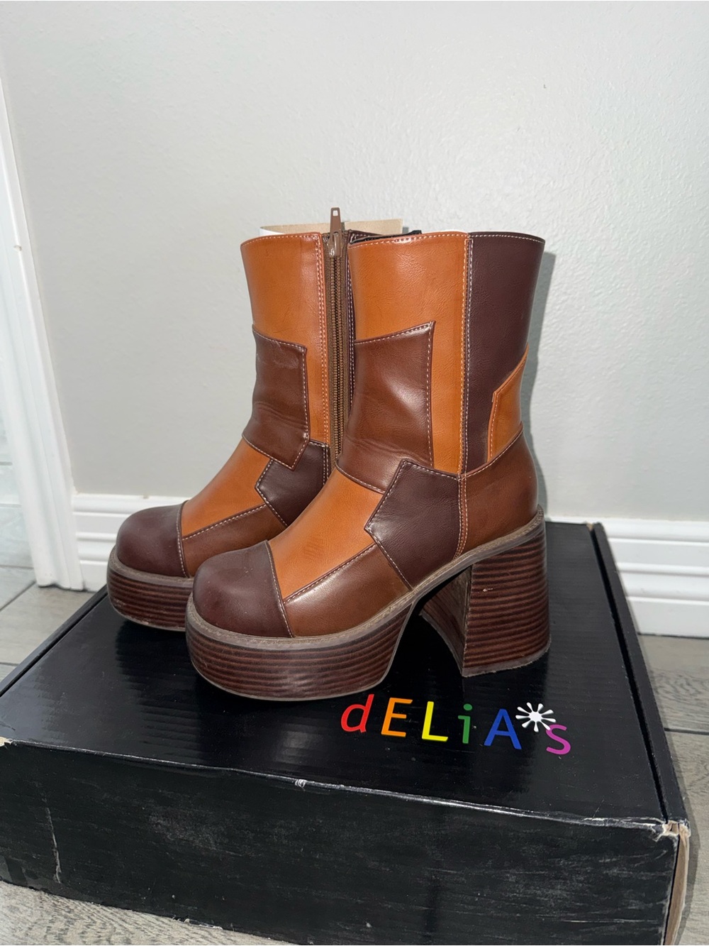 Dolls Kill Two-Tone Brown & Tan Platform Ankle Boots